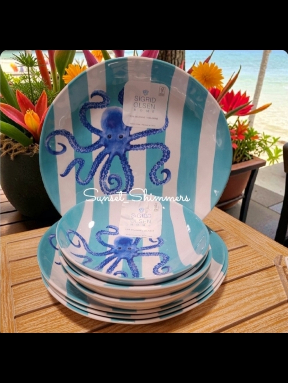 8pc Sigrid Olsen Blue Octopus Cabana Stripe Melamine Dinner Plate & Bowl Set New